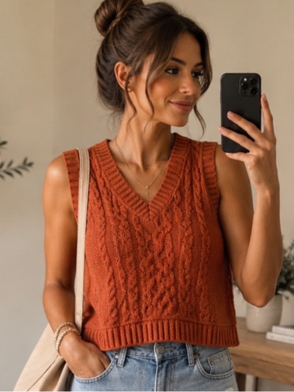 Pink Rose V-Neck Cable Knit Sweater Vest - Rust Orange